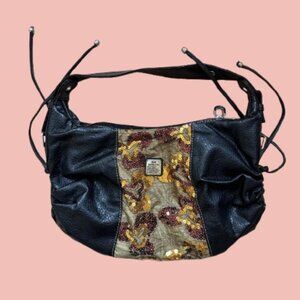 Unique boho-style shoulder bag with black faux leather body sequins